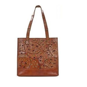 Patricia Nash Toscano Studded Link Perforated Leather Brown Tote Bag